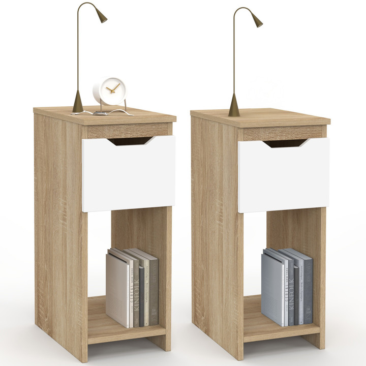 Lot de 2 tables de chevet ANOUK 1 tiroir avec niche bois et blanc