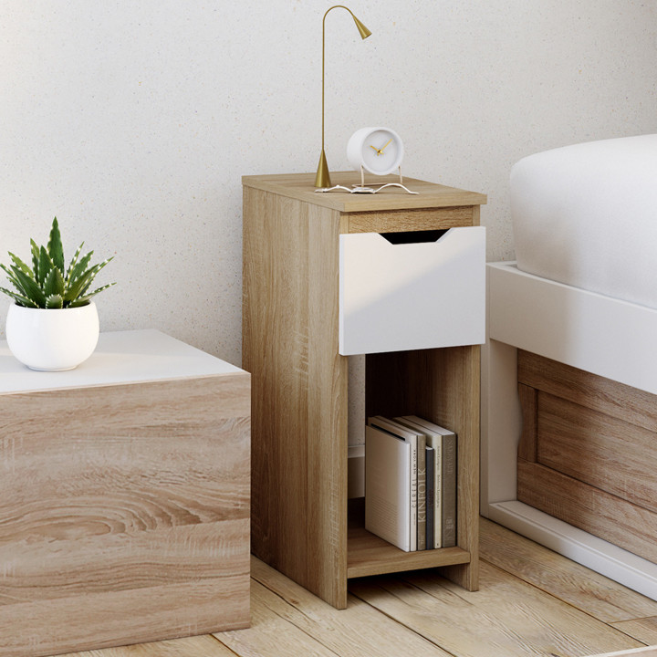 Lot de 2 tables de chevet ANOUK 1 tiroir avec niche bois et blanc