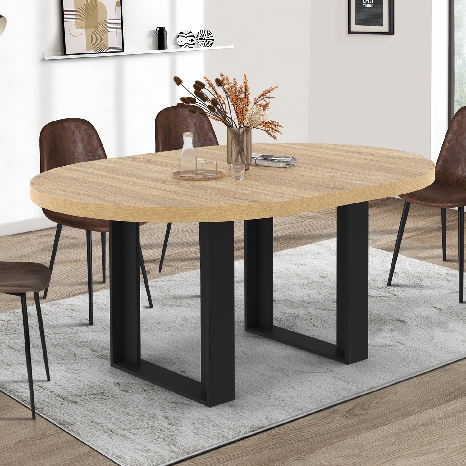 Table à manger ronde extensible bois et noir 4-6 personnes