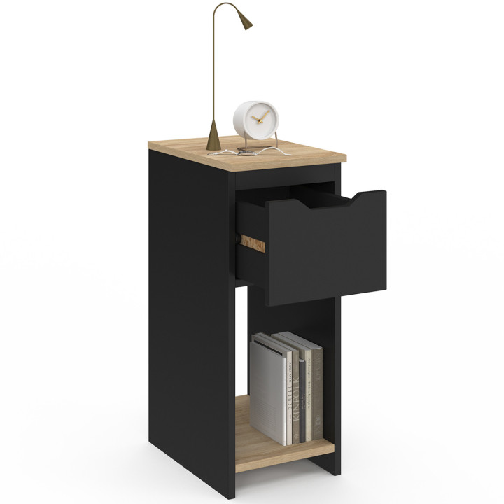 Lot de 2 tables de chevet ANOUK 1 tiroir avec niche noir et bois