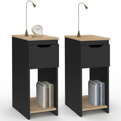 Lot de 2 tables de chevet ANOUK 1 tiroir avec niche noir et bois