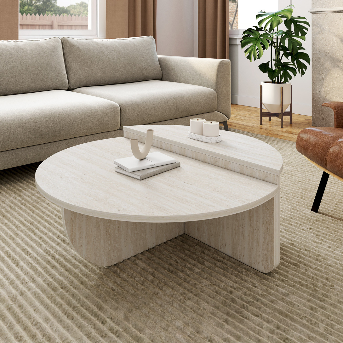 Lot de 2 tables basses rondes asymétriques effet travertin - GUILIA | IDMarket