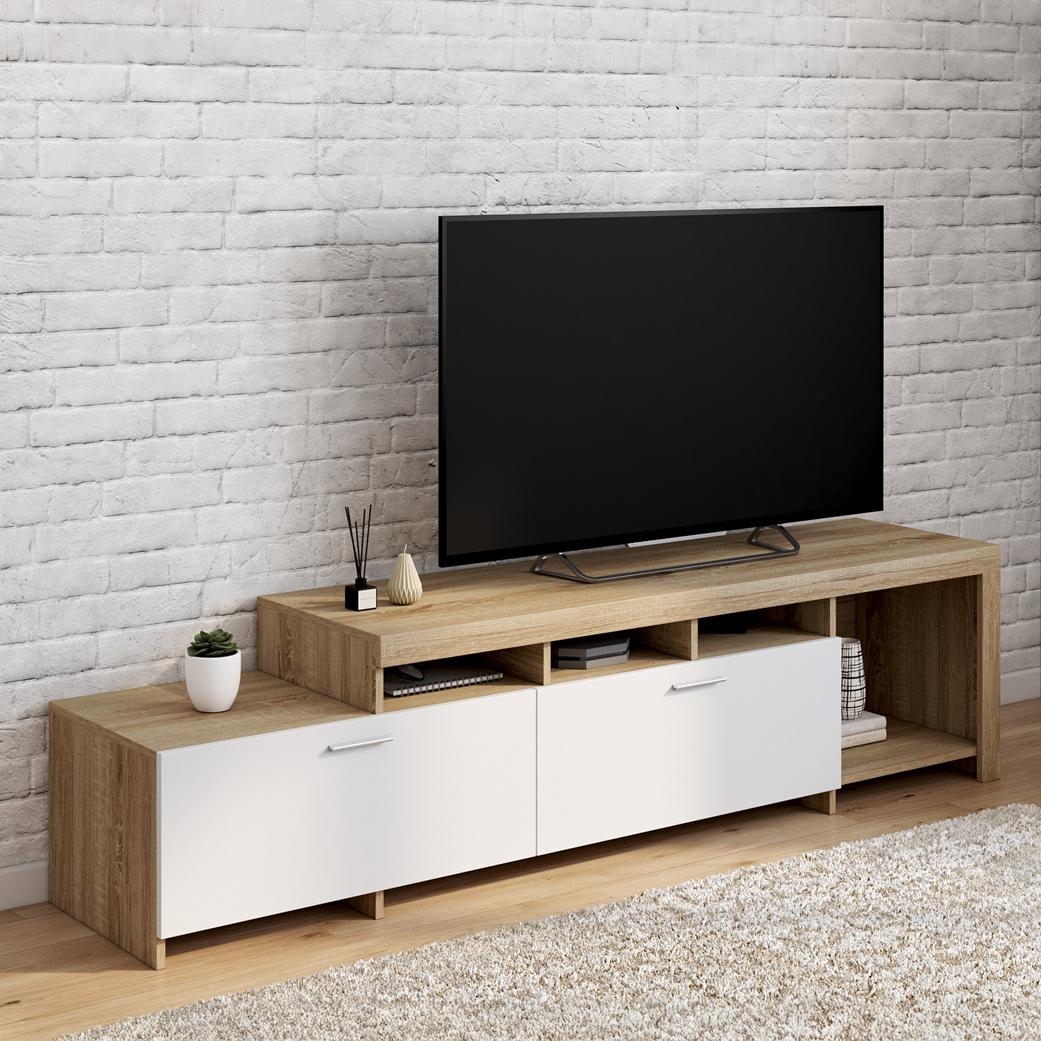 Meuble tv 180 cm bois placards blancs