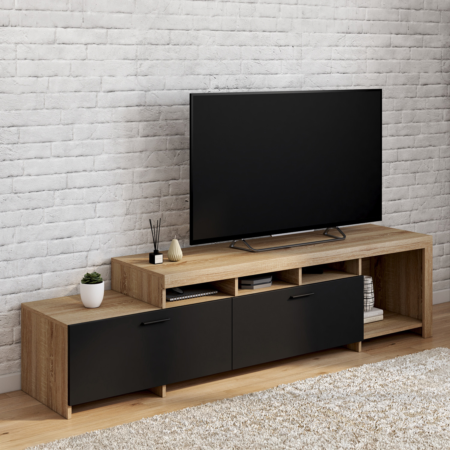 Meuble tv 180 cm bois placards noirs