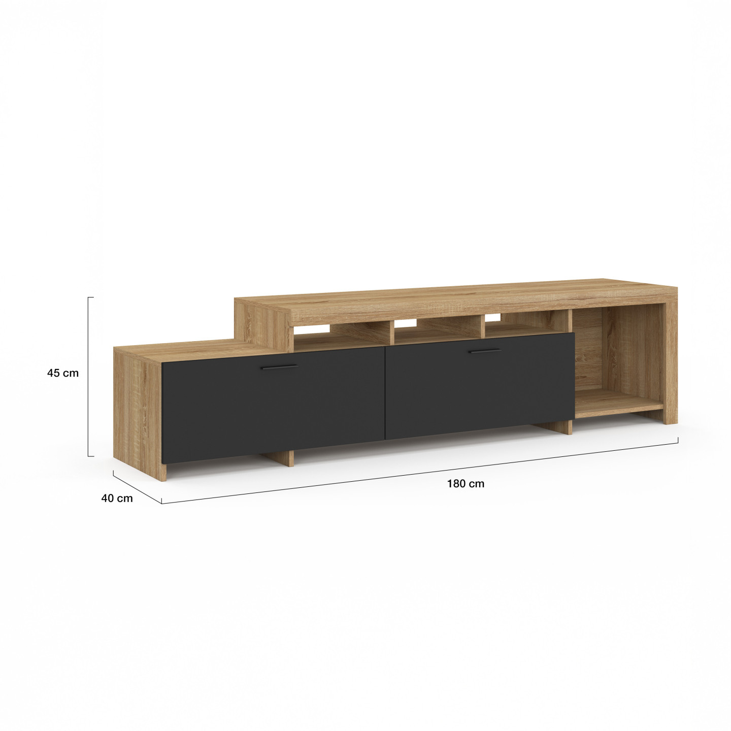 Meuble TV 180 Cm Blanc Et Bois – 2 Placards, 4 Niches, Design Moderne – Plateau Long Pour Écran Plat, Rangement Optimisé