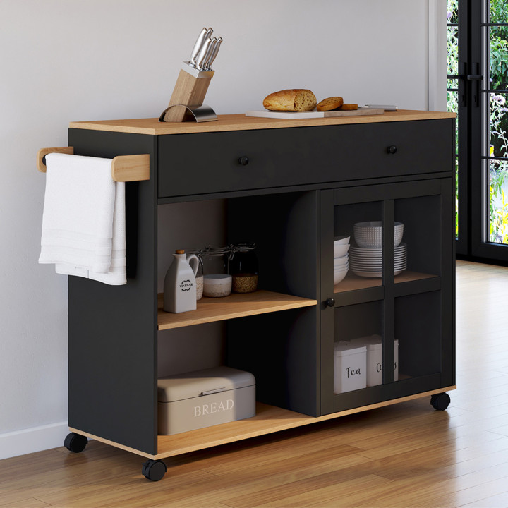 ¡Aparador de cocina XXL con armario de madera y cristal negro - ACHILLE | Zen Cart! IDMarket