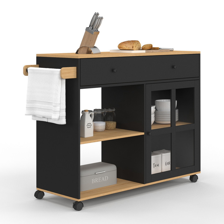 ¡Aparador de cocina XXL con armario de madera y cristal negro - ACHILLE | Zen Cart! IDMarket