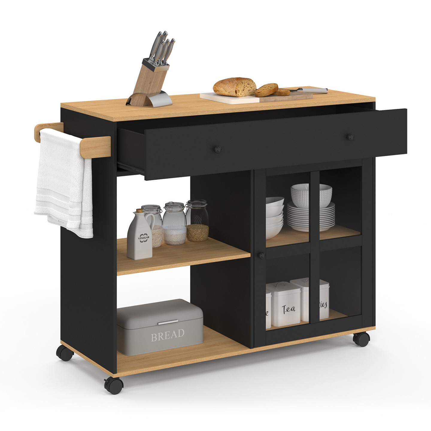 Desserte De Cuisine Roulante ACHILLE XXL 100cm - Bois Et Noir - Placard Vitré, Tiroir, étagères - 7