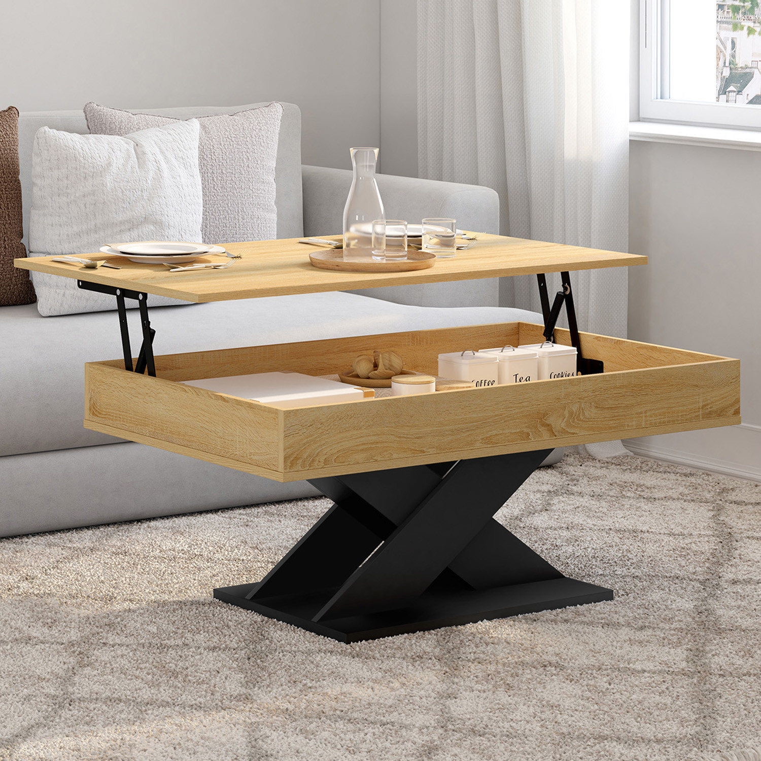 Table basse rectangulaire plateau relevable pied noir