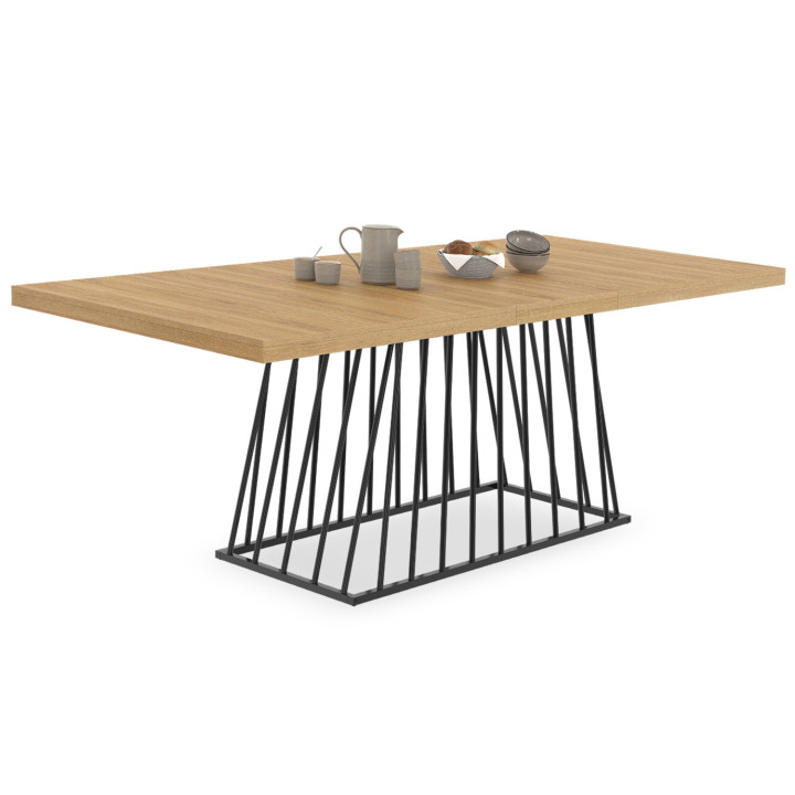 Mesa de comedor extensible 6-10 personas tapa de madera pata de alambre de metal negro 160-200cm - YUNA | ID Market