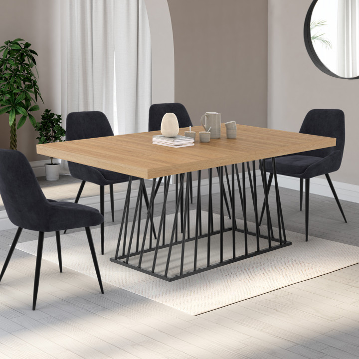 Mesa de comedor extensible 6-10 personas tapa de madera pata de alambre de metal negro 160-200cm - YUNA | ID Market
