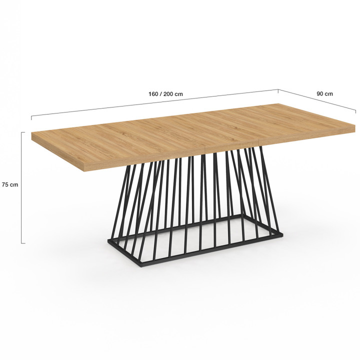 Mesa de comedor extensible 6-10 personas tapa de madera pata de alambre de metal negro 160-200cm - YUNA | ID Market