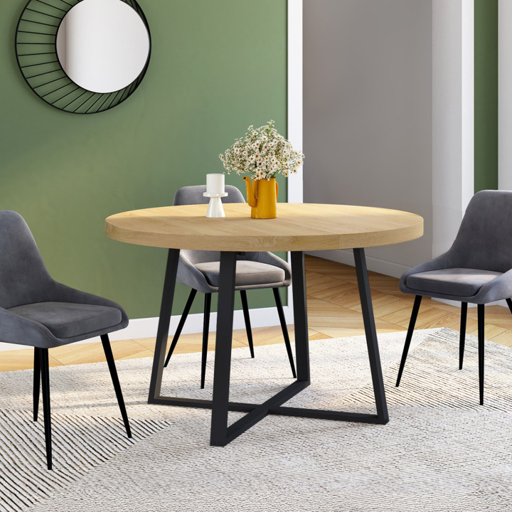 Mesa de comedor redonda extensible de madera 4-10 personas patas negras 110-200cm - SELMA | ID Market