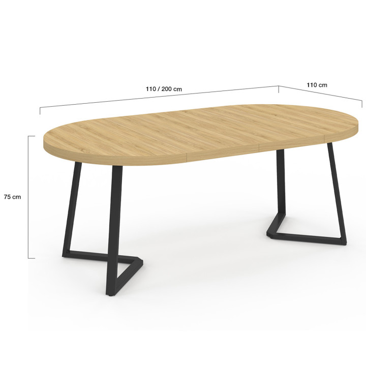 Mesa de comedor redonda extensible de madera 4-10 personas patas negras 110-200cm - SELMA | ID Market