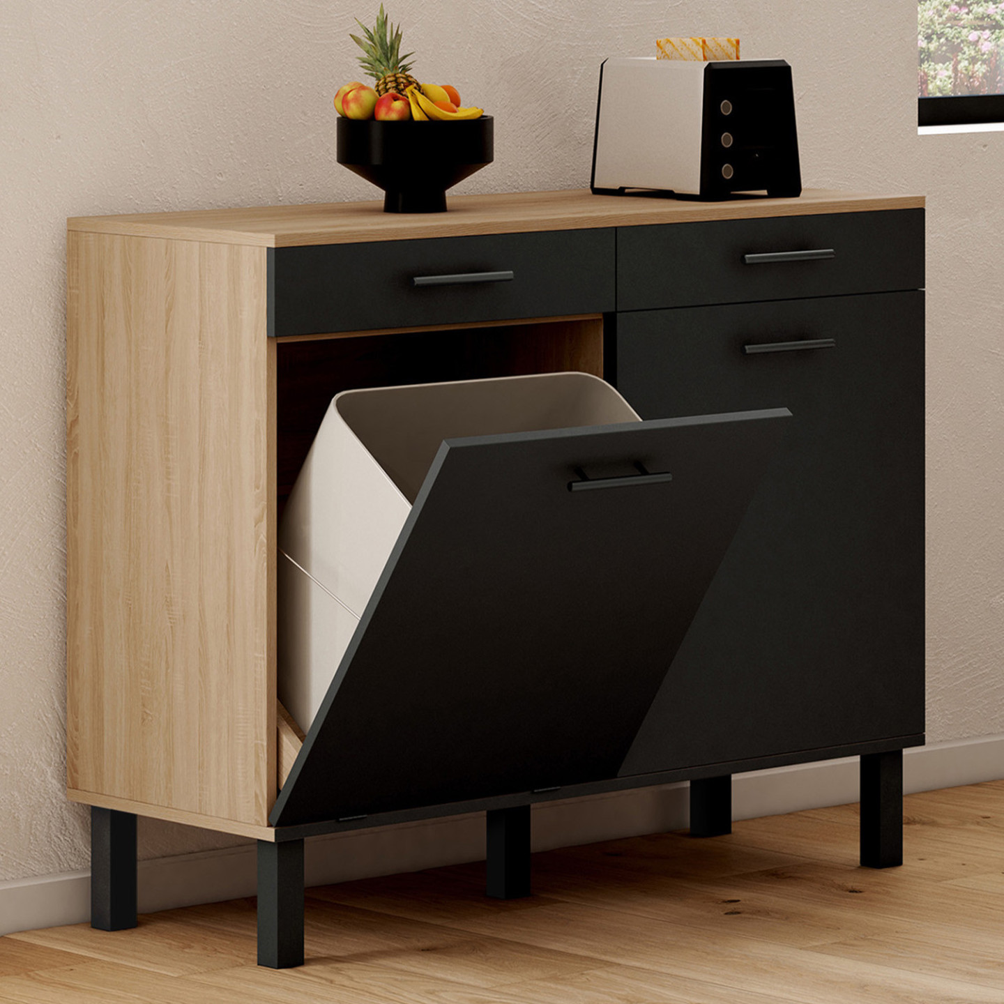 Niedriges Sideboard aus Buche und Schwarz mit Müllplatz und Arbeitsplatte - CINA