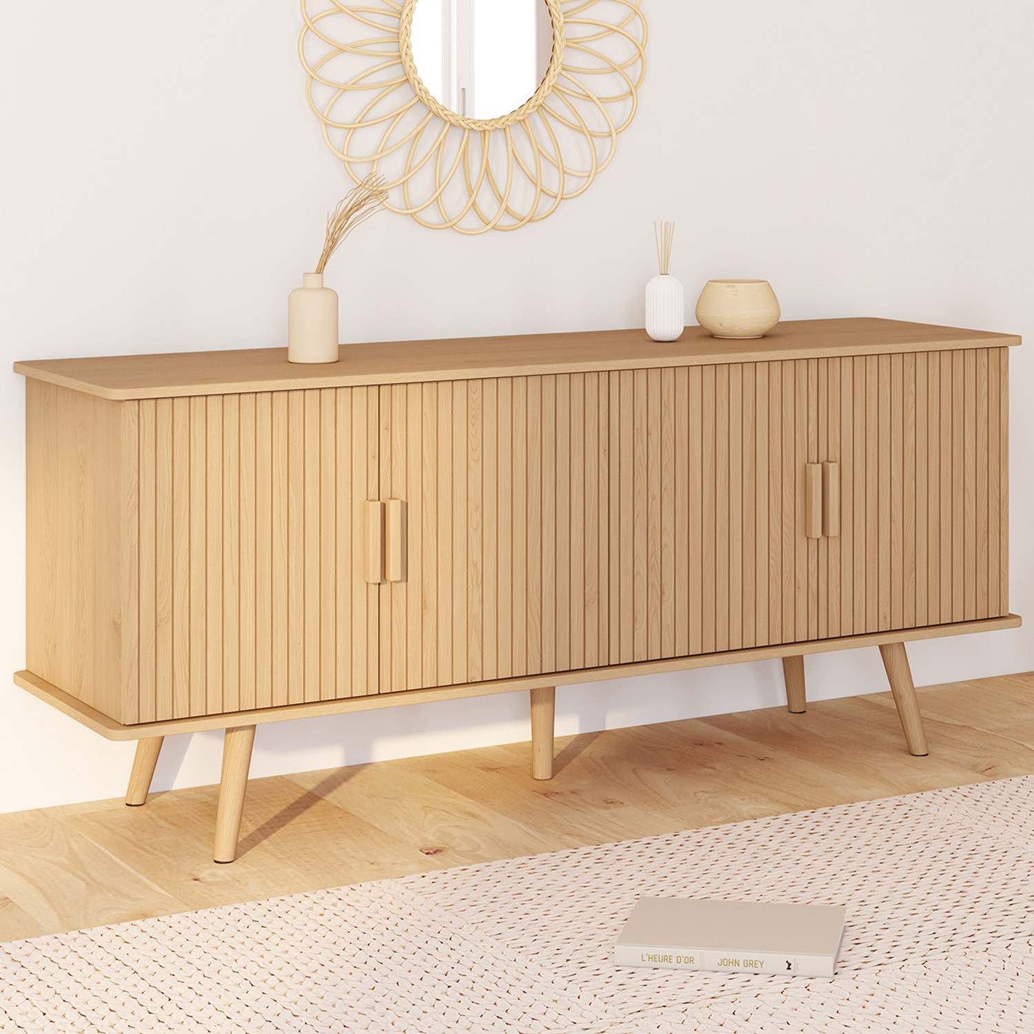 Buffet 140 cm 4 portes lattes tasseau bois coloris chêne design tendance