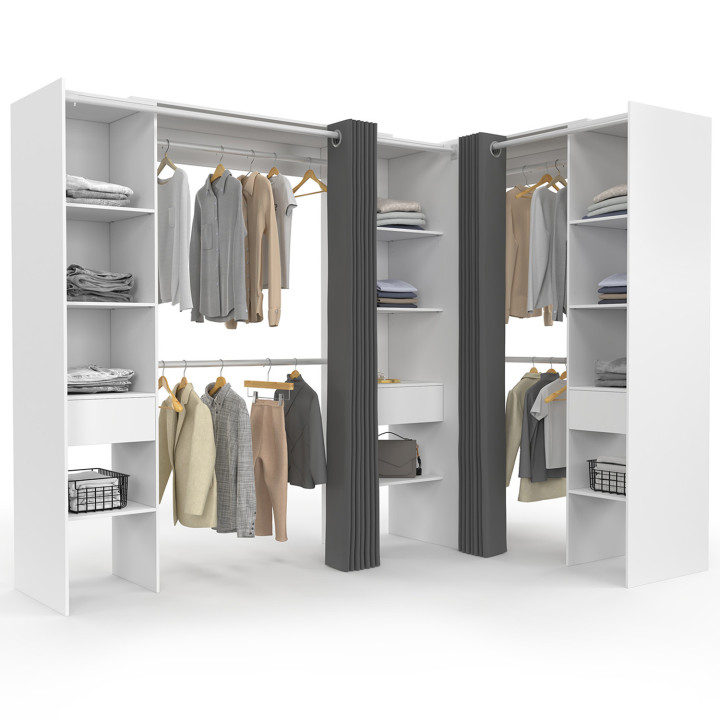 Armario rinconero extensible 230x140x180cm blanco con armarios, estantes, cortinas grises - MARLON | ID Market