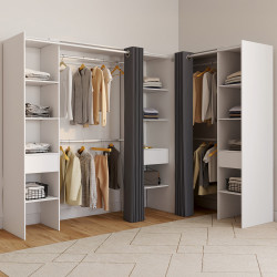 Armario rinconero extensible 230x140x180cm blanco con armarios, estantes, cortinas grises - MARLON | ID Market