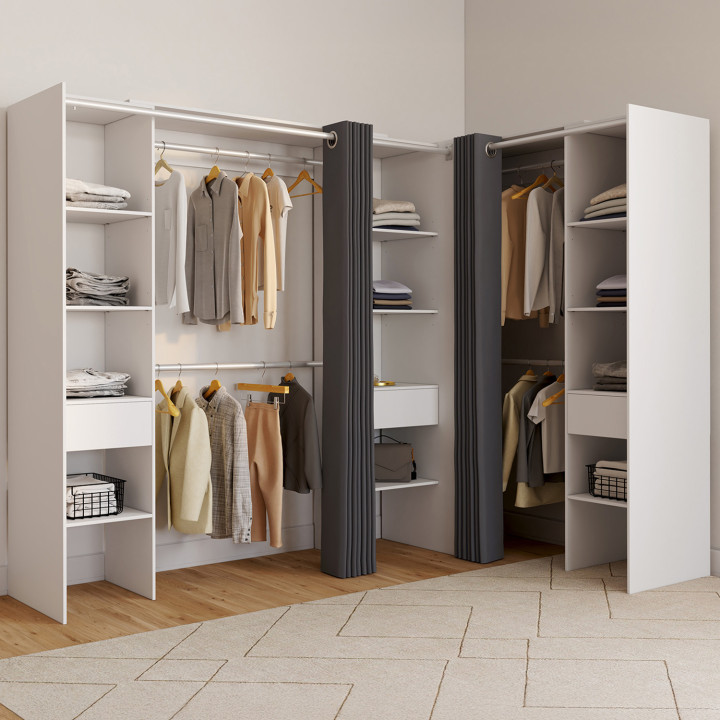 Armario rinconero extensible 230x140x180cm blanco con armarios, estantes, cortinas grises - MARLON | ID Market