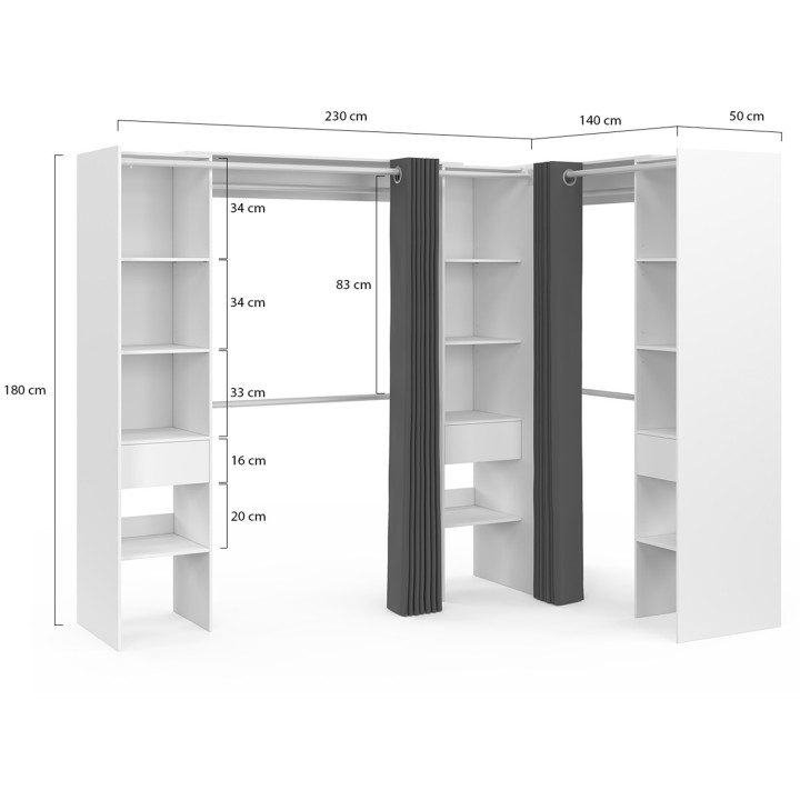 Armario rinconero extensible 230x140x180cm blanco con armarios, estantes, cortinas grises - MARLON | ID Market