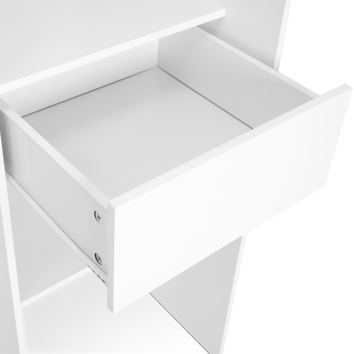 Armario rinconero extensible 230x140x180cm blanco con armarios, estantes, cortinas grises - MARLON | ID Market