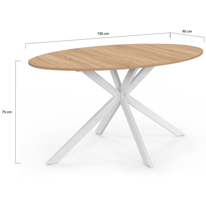 Mesa de comedor ovalada para 8 personas, madera y pata de araña de metal blanco 150cm - ALIX | ID Market