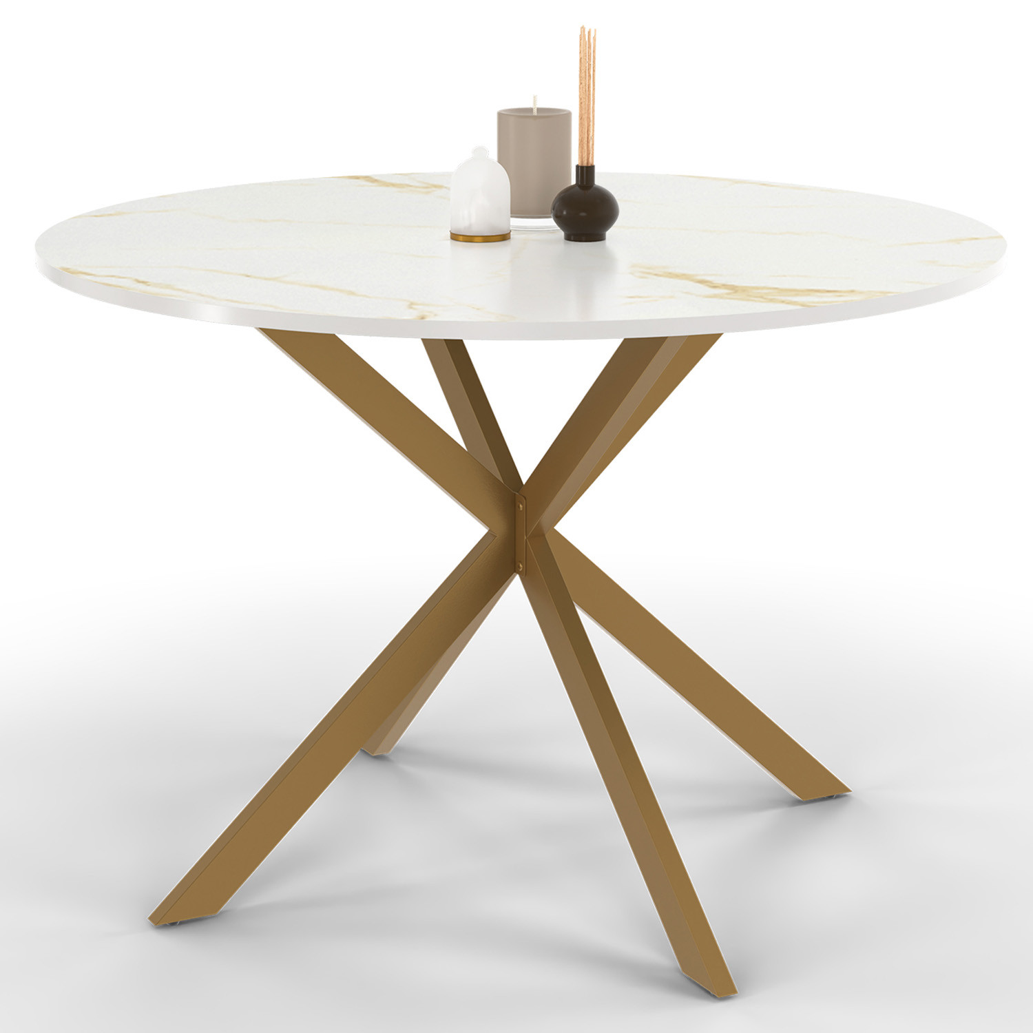 Table à manger ronde 110 cm 6 personnes avec plateau effet marbre doré et pied araignée en laiton