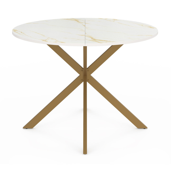 Mesa de comedor redonda para 6 con tapa efecto mármol dorado y pata de araña de latón 110cm - ALIX | ID Market