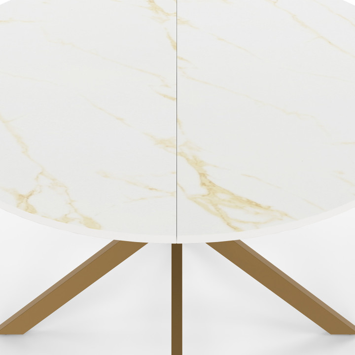 Mesa de comedor redonda para 6 con tapa efecto mármol dorado y pata de araña de latón 110cm - ALIX | ID Market