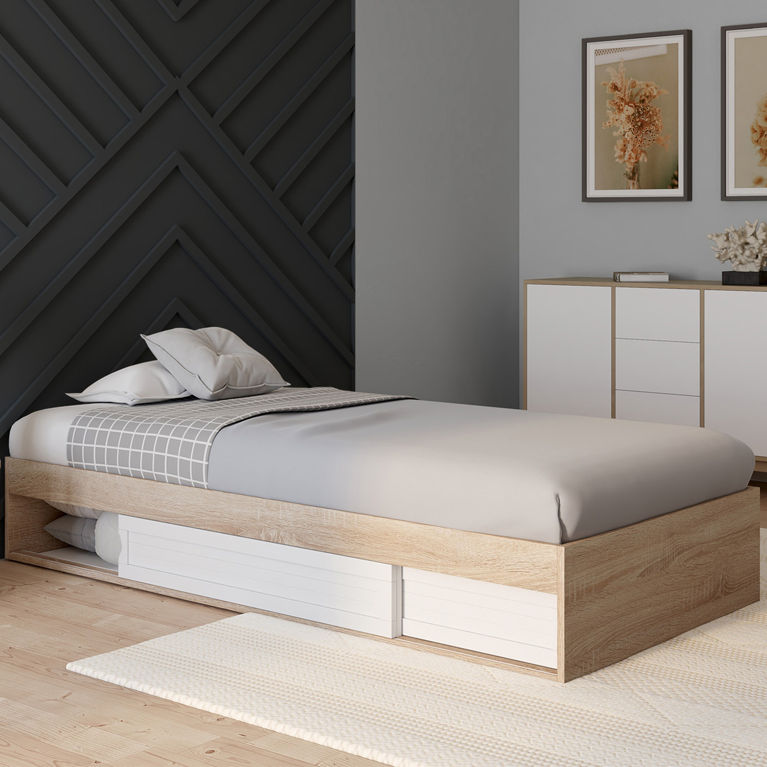 Cadre de lit simple 90x190 cm bois façon hêtre et blanc avec rangement et sommier 10 lattes