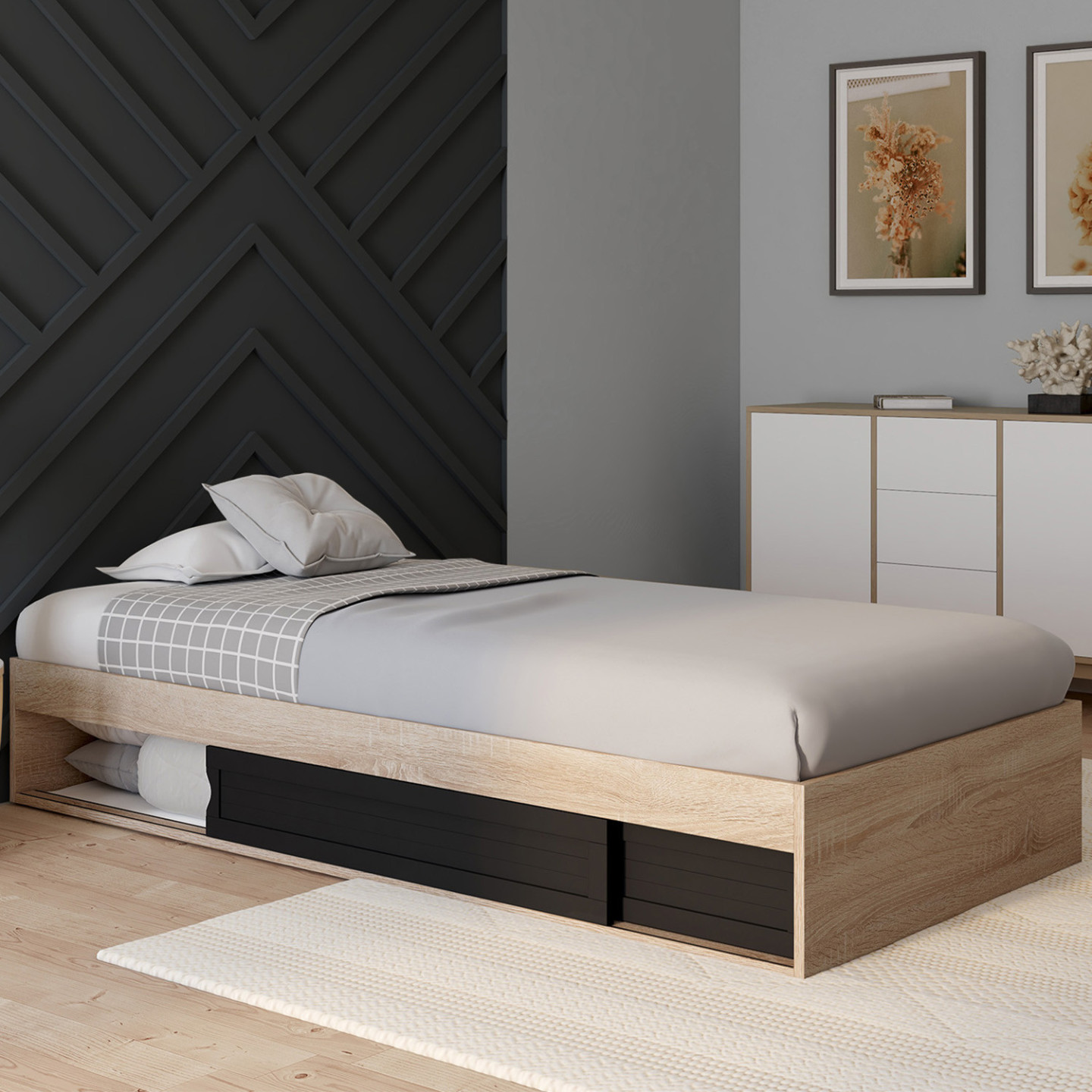 Struttura letto singolo con contenitore e base 90x190cm in faggio e
