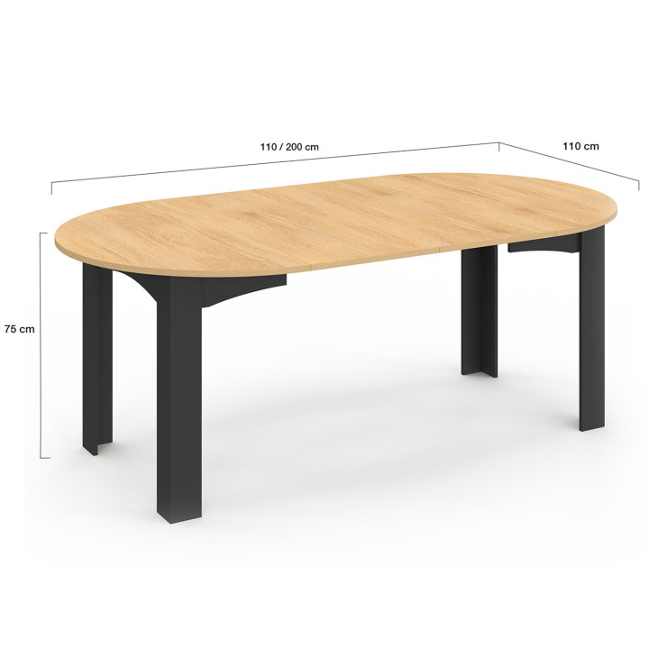Mesa de comedor redonda extensible 4-10 personas madera y negro 110-200cm - DONA | ID Market