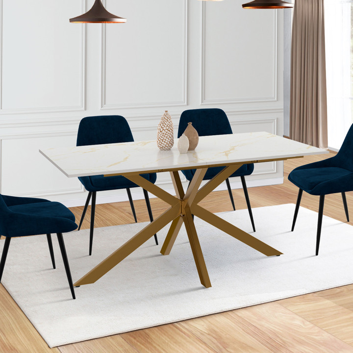 Mesa extensible 6-10 personas, tablero efecto mármol dorado, pata araña latón 160-200cm - ALIX | ID Market