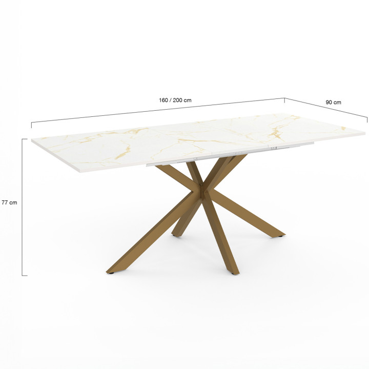 Mesa extensible 6-10 personas, tablero efecto mármol dorado, pata araña latón 160-200cm - ALIX | ID Market