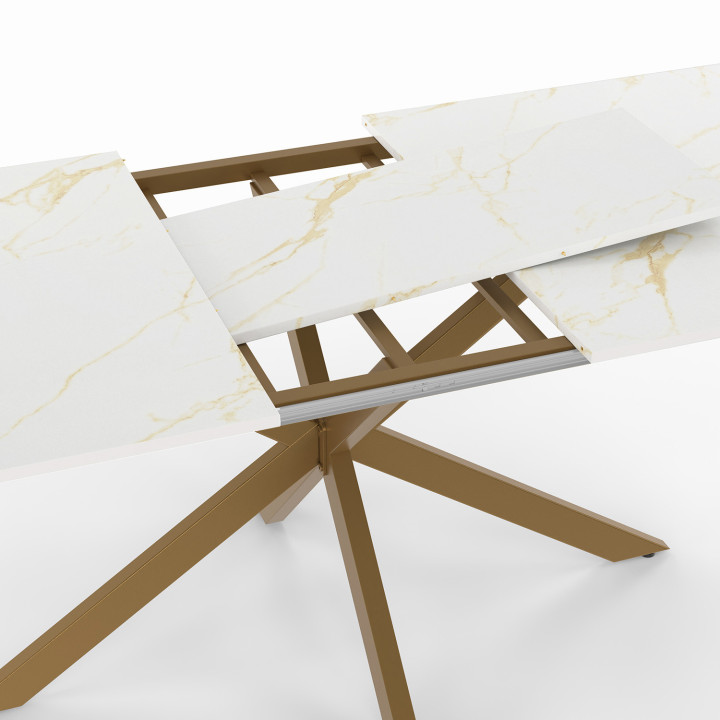 Mesa extensible 6-10 personas, tablero efecto mármol dorado, pata araña latón 160-200cm - ALIX | ID Market