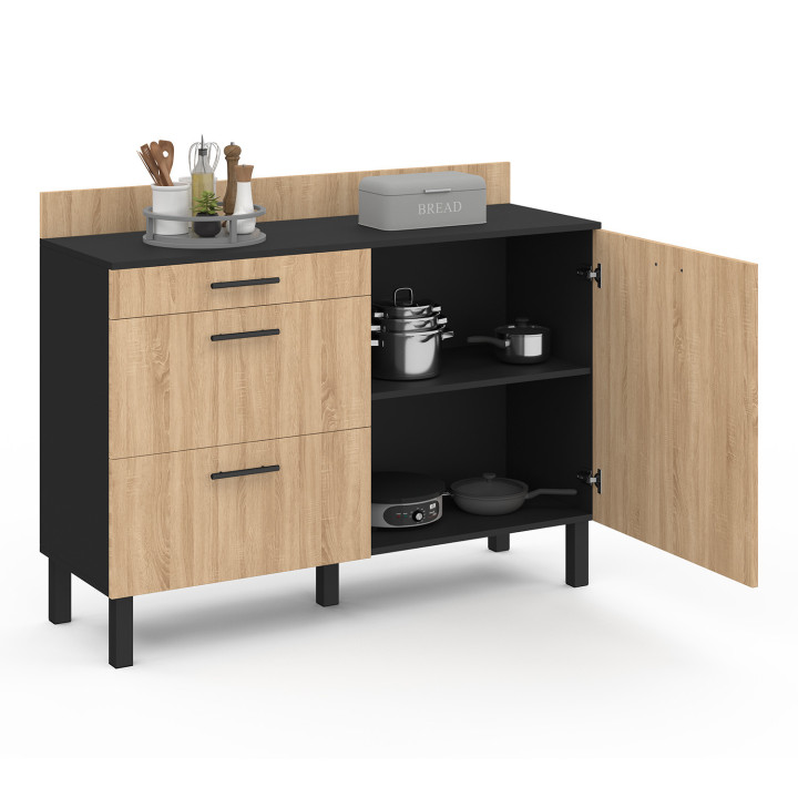 ¡Cómoda baja 120cm madera negra y haya look 1 puerta + 3 cajones - CINA | Zen Cart! IDMarket