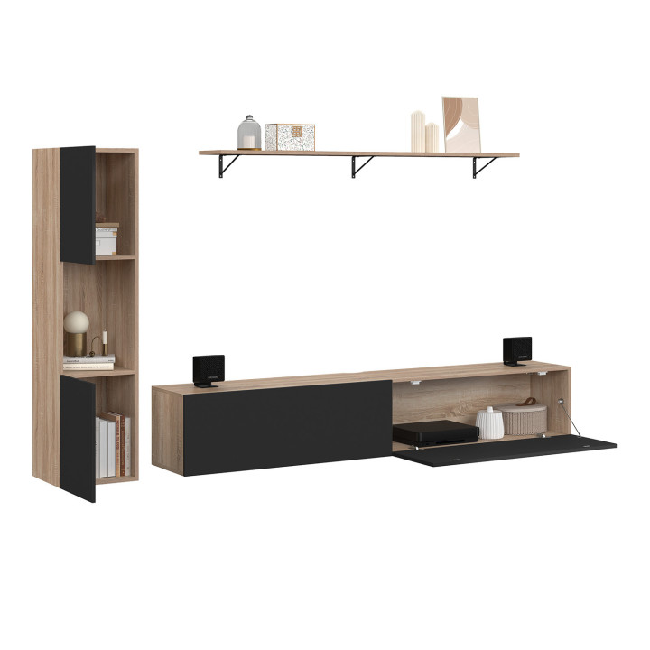 ¡Mueble TV 180 cm con columnas y estantes de madera y negro - ELIO | Zen Cart! IDMarket