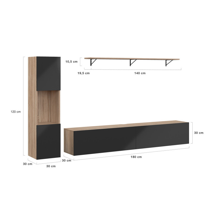 ¡Mueble TV 180 cm con columnas y estantes de madera y negro - ELIO | Zen Cart! IDMarket