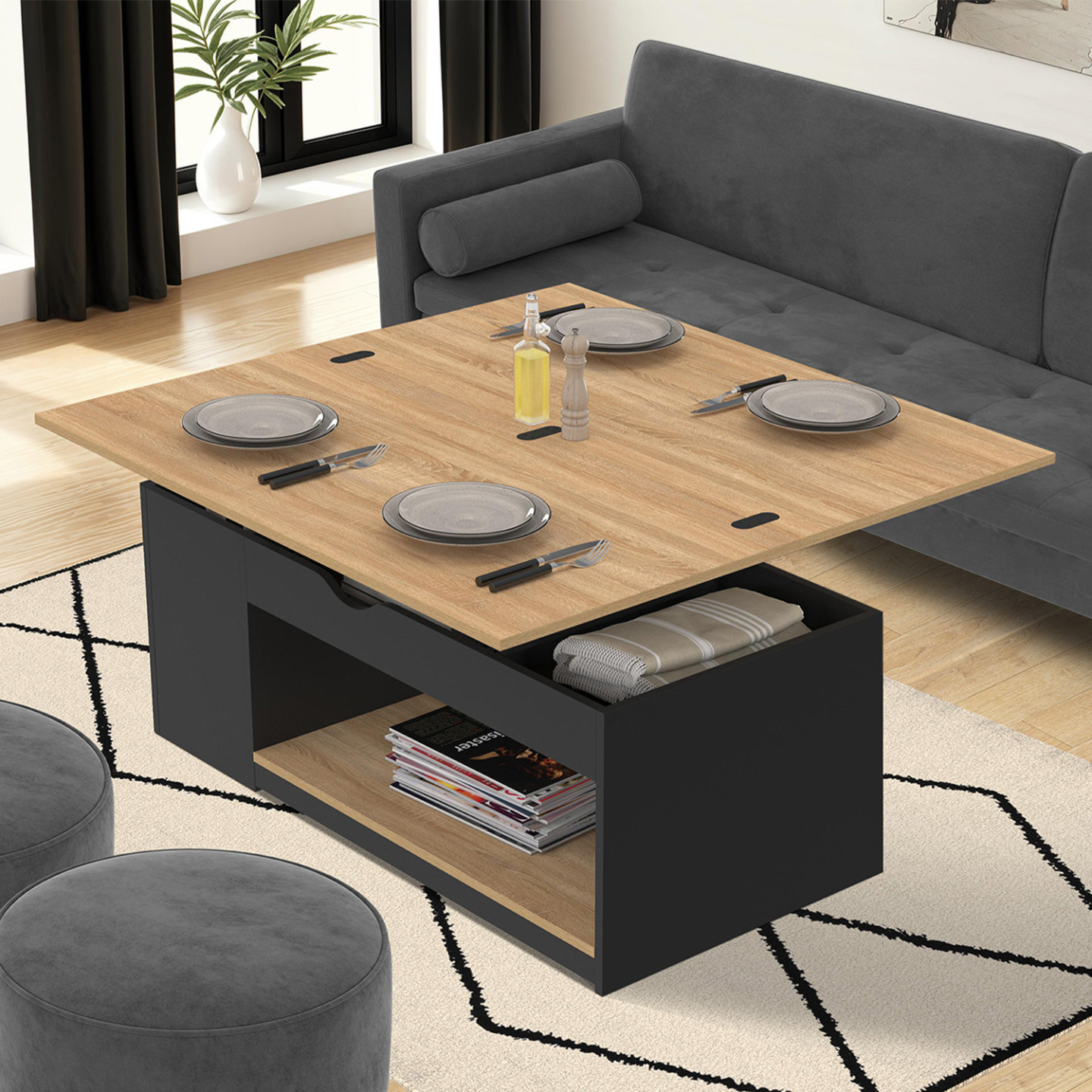 Rechteckiger aufklappbarer Couchtisch, umwandelbar in einen Esstisch aus schwarzem Holz - ELEA