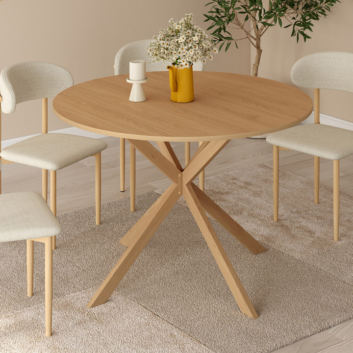 Mesa de comedor redonda 6 personas 110cm pata de araña madera efecto haya - ALIX | ID Market