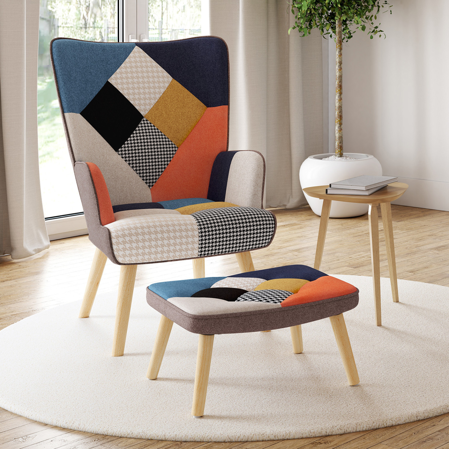 Poltrona scandinava stampata in pied de poule multicolore con