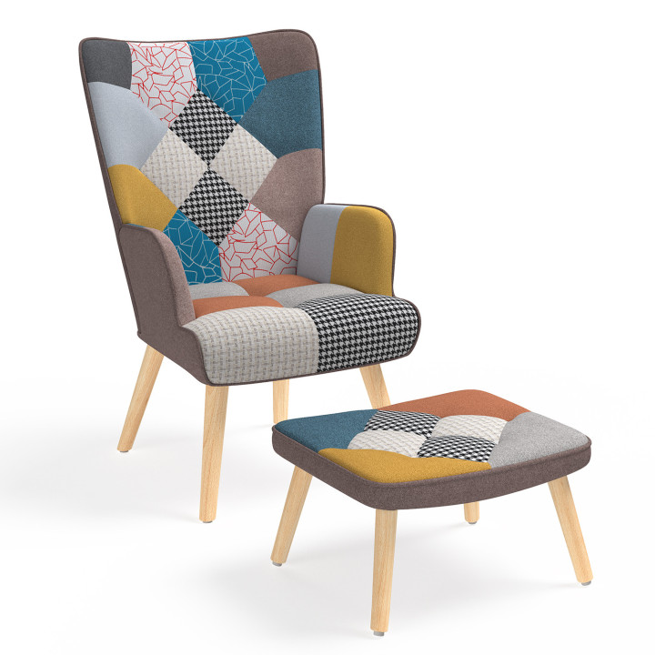 Sillón escandinavo patchwork multicolor con reposapiés - IVAR | ID Market