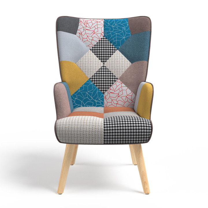Sillón escandinavo patchwork multicolor con reposapiés - IVAR | ID Market
