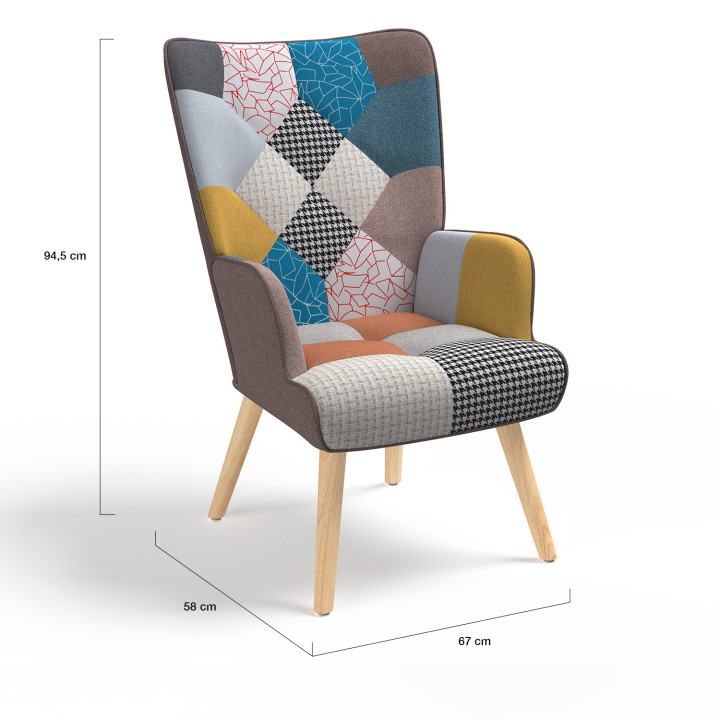 Sillón escandinavo patchwork multicolor con reposapiés - IVAR | ID Market