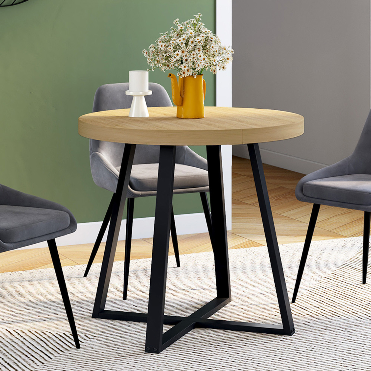 Table à manger ronde 80 cm 4 personnes en bois et pieds noirs style industriel
