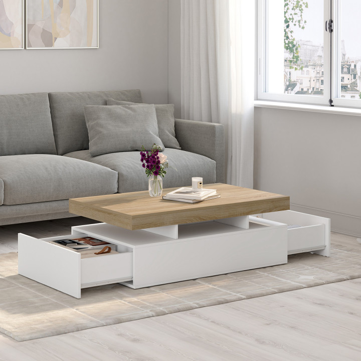 Mesa de centro rectangular con 2 cajones y tablero blancos - ELSA | España IDMarket
