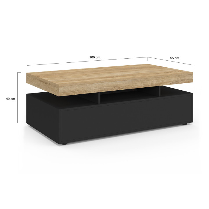 Mesa de centro rectangular con 2 cajones negros y tablero - ELSA | España IDMarket