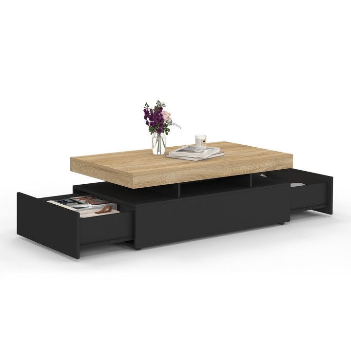 Mesa de centro rectangular con 2 cajones negros y tablero - ELSA | España IDMarket