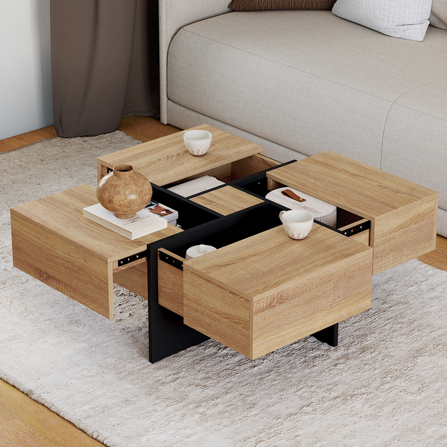 Table basse carrée avec 4 tiroirs bois et noir