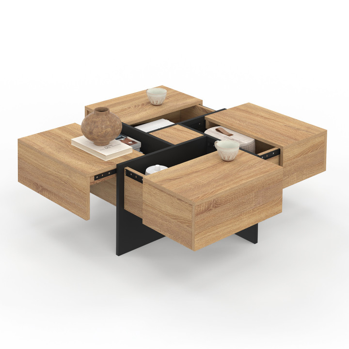 ¡Mesa de centro cuadrada con cajones de madera y negro - TALIA | Zen Cart! IDMarket